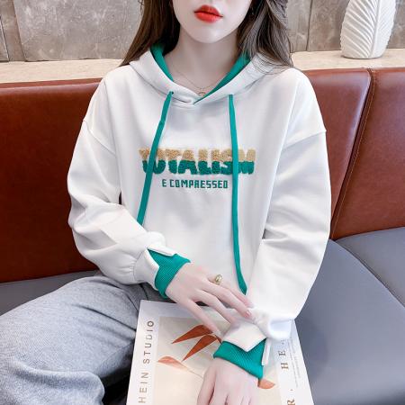 FA43776# 秋新款连帽绣花卫衣女时尚宽松拼色假两件外套上衣 服裝批發女裝批發服飾貨源