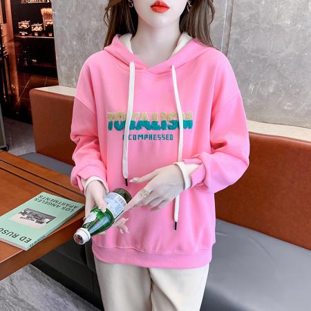 FA43776# 秋新款连帽绣花卫衣女时尚宽松拼色假两件外套上衣 服裝批發女裝批發服飾貨源