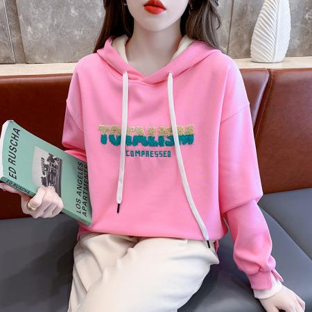 FA43776# 秋新款连帽绣花卫衣女时尚宽松拼色假两件外套上衣 服裝批發女裝批發服飾貨源