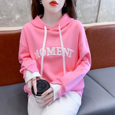 FA43778# 秋新款毛巾绣卫衣女时尚韩版连帽字母宽松休闲上衣 服裝批發女裝批發服飾貨源