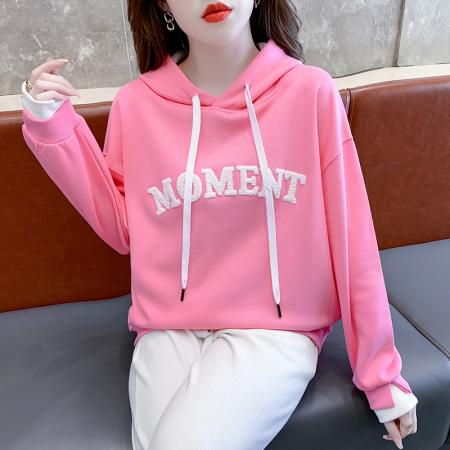 FA43778# 秋新款毛巾绣卫衣女时尚韩版连帽字母宽松休闲上衣 服裝批發女裝批發服飾貨源