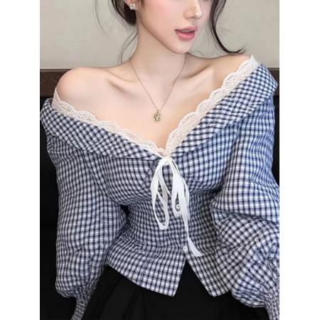 FA43779# 格子一字肩衬衫女高级感系带蕾丝衬衣显瘦收腰上衣秋新款 服裝批發女裝批發服飾貨源