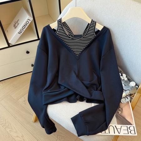 FA43793# 韩版条纹拼接露肩卫衣女秋新款假两件不规则上衣 服裝批發女裝批發服飾貨源