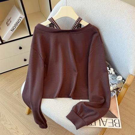 FA43793# 韩版条纹拼接露肩卫衣女秋新款假两件不规则上衣 服裝批發女裝批發服飾貨源