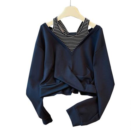 FA43793# 韩版条纹拼接露肩卫衣女秋新款假两件不规则上衣 服裝批發女裝批發服飾貨源