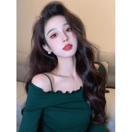 FA43794# 纯欲辣妹一字肩吊带长袖打底衫女设计感修身绝美锁骨上衣 服裝批發女裝批發服飾貨源