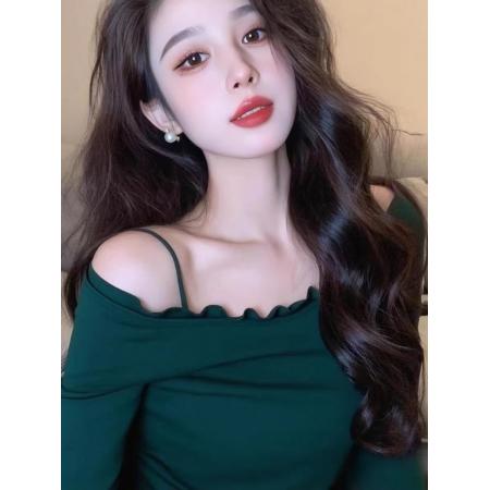 FA43794# 纯欲辣妹一字肩吊带长袖打底衫女设计感修身绝美锁骨上衣 服裝批發女裝批發服飾貨源