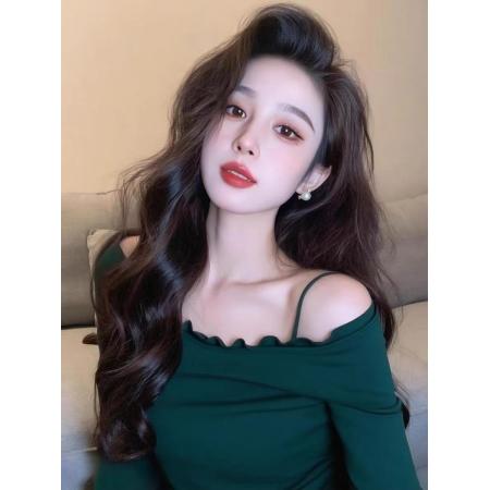 FA43794# 纯欲辣妹一字肩吊带长袖打底衫女设计感修身绝美锁骨上衣 服裝批發女裝批發服飾貨源