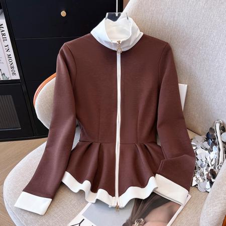 FA43795# 拼色收腰高领卫衣外套女设计感小众修身长袖上衣 服裝批發女裝批發服飾貨源