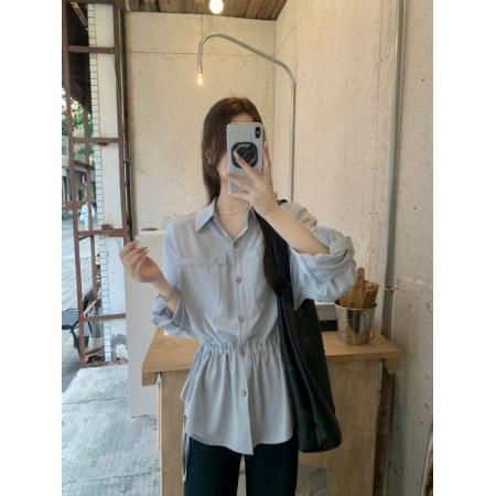 FA43796# 韩系休闲长袖衬衣女秋抽绳设计感收腰显瘦百搭气质上衣 服裝批發女裝批發服飾貨源