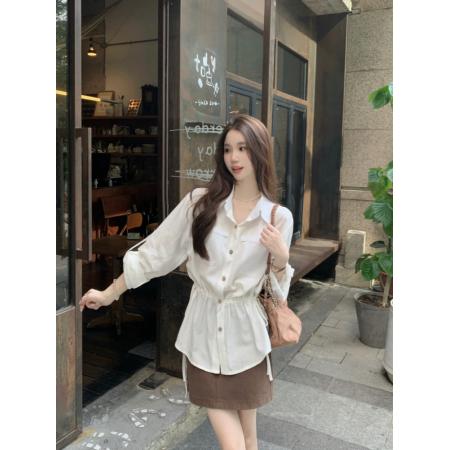 FA43796# 韩系休闲长袖衬衣女秋抽绳设计感收腰显瘦百搭气质上衣 服裝批發女裝批發服飾貨源