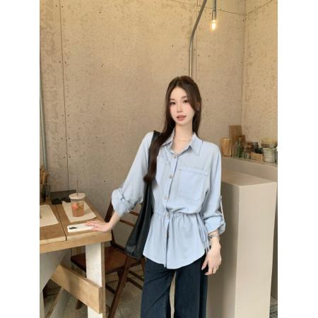 FA43796# 韩系休闲长袖衬衣女秋抽绳设计感收腰显瘦百搭气质上衣 服裝批發女裝批發服飾貨源