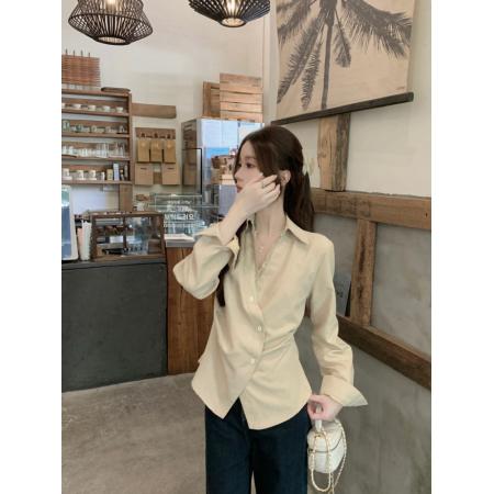FA43797# 秋季法式设计感翻领衬衫女斜扣收腰显瘦拼接蕾丝长袖上衣 服裝批發女裝批發服飾貨源