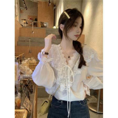 FA43798# 韩系V领蕾丝荷叶边系带白色衬衫甜美减龄百搭长袖上衣 服裝批發女裝批發服飾貨源