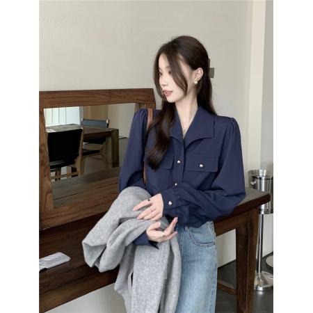 FA43800# 秋季chic法式复古翻领别致金属扣宽松百搭长袖衬衫上衣 服裝批發女裝批發服飾貨源