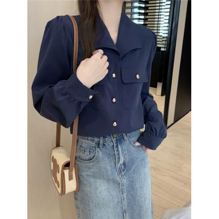 FA43800# 秋季chic法式复古翻领别致金属扣宽松百搭长袖衬衫上衣 服裝批發女裝批發服飾貨源