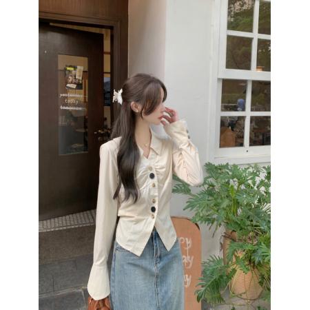 FA43801# 设计感喇叭袖翻领衬衫女法式别致衬衣后背绑带短款上衣 服裝批發女裝批發服飾貨源