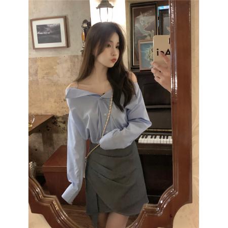 FA43803# 小心机露肩显瘦衬衫上衣女小个子设计感半身短裙两件套 服裝批發女裝批發服飾貨源