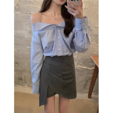 FA43803# 小心机露肩显瘦衬衫上衣女小个子设计感半身短裙两件套 服裝批發女裝批發服飾貨源