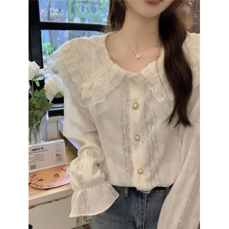 FA43804# 复古法式蕾丝温柔甜美长袖衬衫女别致打底内搭小衫上衣 服裝批發女裝批發服飾貨源