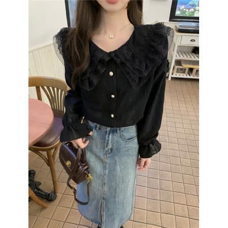 FA43804# 复古法式蕾丝温柔甜美长袖衬衫女别致打底内搭小衫上衣 服裝批發女裝批發服飾貨源