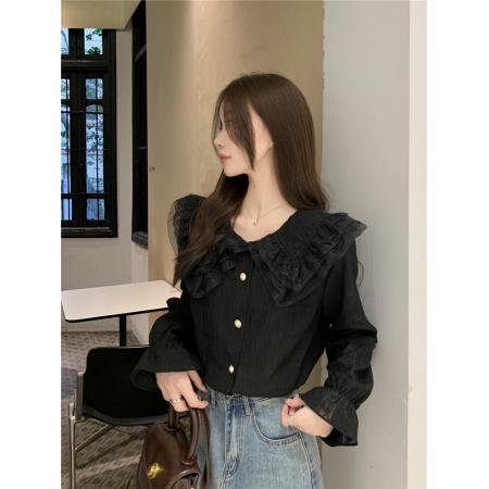 FA43804# 复古法式蕾丝温柔甜美长袖衬衫女别致打底内搭小衫上衣 服裝批發女裝批發服飾貨源