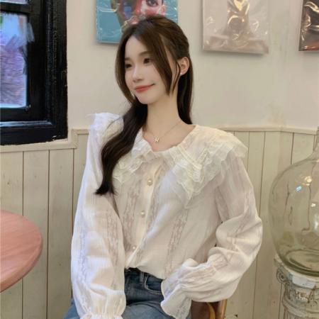 FA43804# 复古法式蕾丝温柔甜美长袖衬衫女别致打底内搭小衫上衣 服裝批發女裝批發服飾貨源