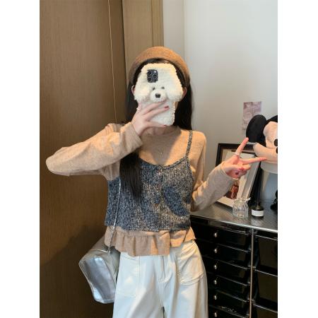 FA43805# 圆领荷叶边下摆长袖内搭上衣女秋吊带背心两件套装 服裝批發女裝批發服飾貨源
