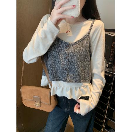 FA43805# 圆领荷叶边下摆长袖内搭上衣女秋吊带背心两件套装 服裝批發女裝批發服飾貨源