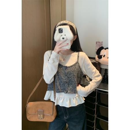 FA43805# 圆领荷叶边下摆长袖内搭上衣女秋吊带背心两件套装 服裝批發女裝批發服飾貨源