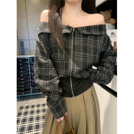 FA43806# 格纹一字肩长袖女秋设计感撞色收腰t恤显瘦 服裝批發女裝批發服飾貨源