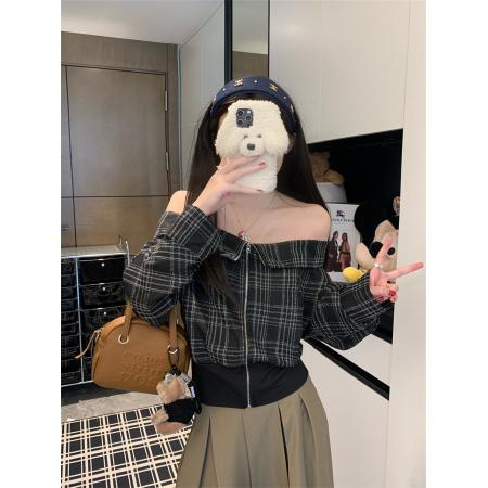 FA43806# 格纹一字肩长袖女秋设计感撞色收腰t恤显瘦 服裝批發女裝批發服飾貨源