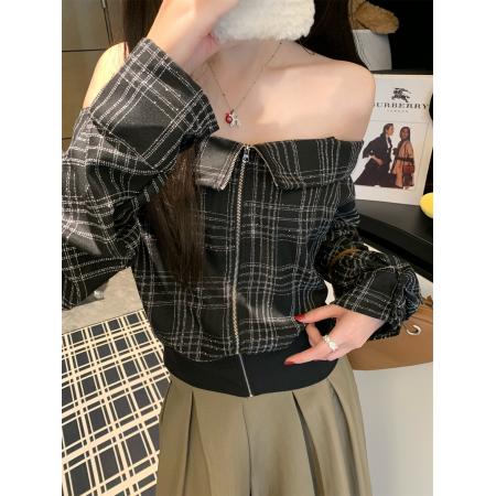 FA43806# 格纹一字肩长袖女秋设计感撞色收腰t恤显瘦 服裝批發女裝批發服飾貨源