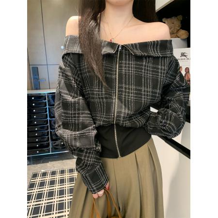 FA43806# 格纹一字肩长袖女秋设计感撞色收腰t恤显瘦 服裝批發女裝批發服飾貨源