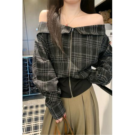 FA43806# 格纹一字肩长袖女秋设计感撞色收腰t恤显瘦 服裝批發女裝批發服飾貨源