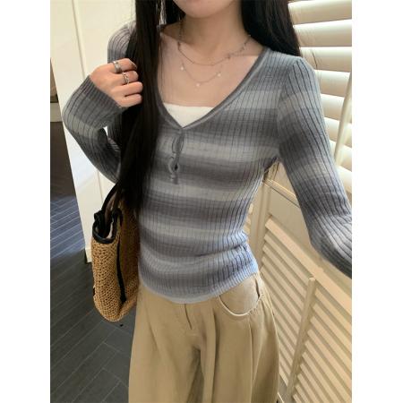 FA43809# 撞色假两件V领长袖T恤女辣妹修身显瘦毛衣上衣秋 服裝批發女裝批發服飾貨源