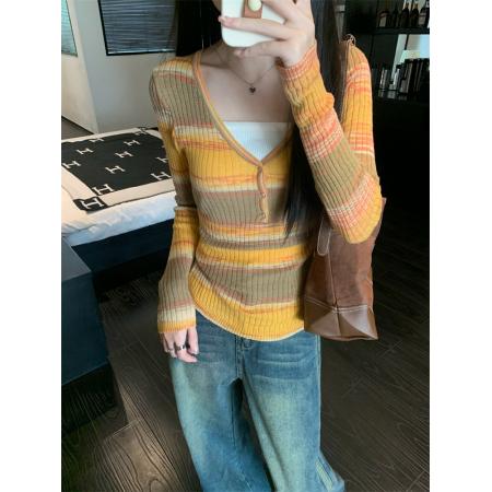 FA43809# 撞色假两件V领长袖T恤女辣妹修身显瘦毛衣上衣秋 服裝批發女裝批發服飾貨源