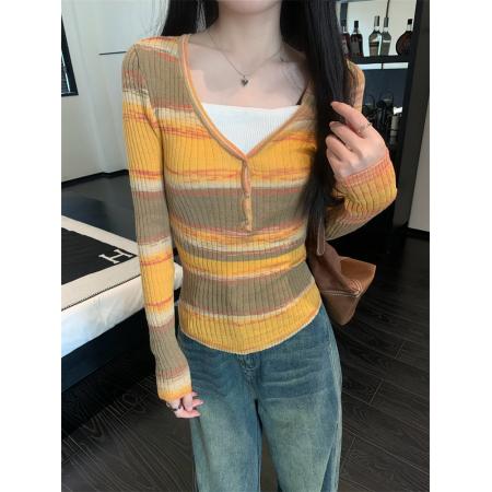 FA43809# 撞色假两件V领长袖T恤女辣妹修身显瘦毛衣上衣秋 服裝批發女裝批發服飾貨源