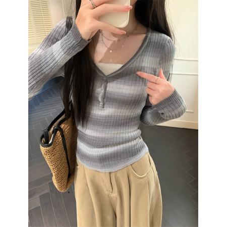 FA43809# 撞色假两件V领长袖T恤女辣妹修身显瘦毛衣上衣秋 服裝批發女裝批發服飾貨源