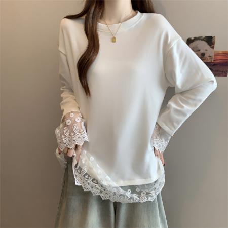 FA43812# 大码胖MM设计感小众蕾丝拼接T恤洋气百搭上衣 服裝批發女裝批發服飾貨源