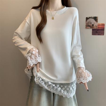 FA43812# 大码胖MM设计感小众蕾丝拼接T恤洋气百搭上衣 服裝批發女裝批發服飾貨源