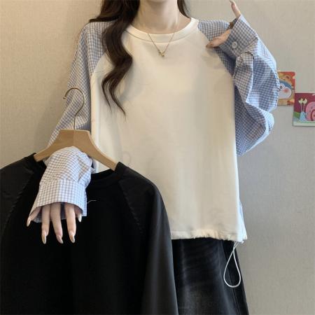 FA43814# 大码胖MM设计感假两件拼接卫衣圆领套头抽绳上衣 服裝批發女裝批發服飾貨源