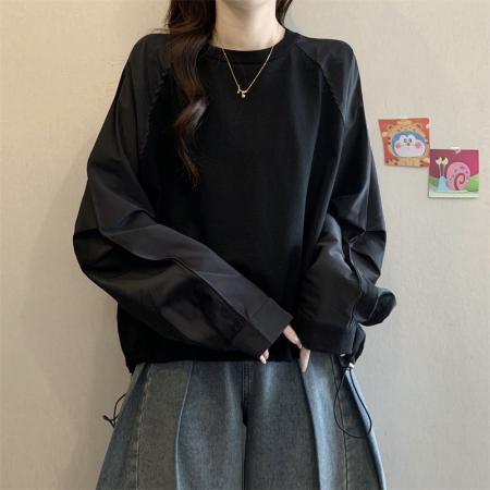 FA43814# 大码胖MM设计感假两件拼接卫衣圆领套头抽绳上衣 服裝批發女裝批發服飾貨源