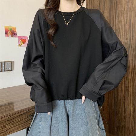 FA43814# 大码胖MM设计感假两件拼接卫衣圆领套头抽绳上衣 服裝批發女裝批發服飾貨源