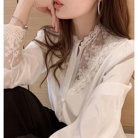FA43821# 蕾丝打底衫女春秋新款设计感小众内搭洋气心机上衣雪纺拼接衬衫 服裝批發女裝批發服飾貨源