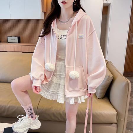 FA43828# 仿华棉复合韩版宽松薄款连帽开衫卫衣女刺绣 服裝批發女裝批發服飾貨源