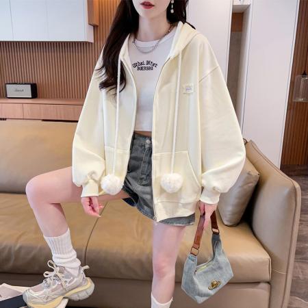 FA43828# 仿华棉复合韩版宽松薄款连帽开衫卫衣女刺绣 服裝批發女裝批發服飾貨源