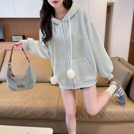 FA43828# 仿华棉复合韩版宽松薄款连帽开衫卫衣女刺绣 服裝批發女裝批發服飾貨源