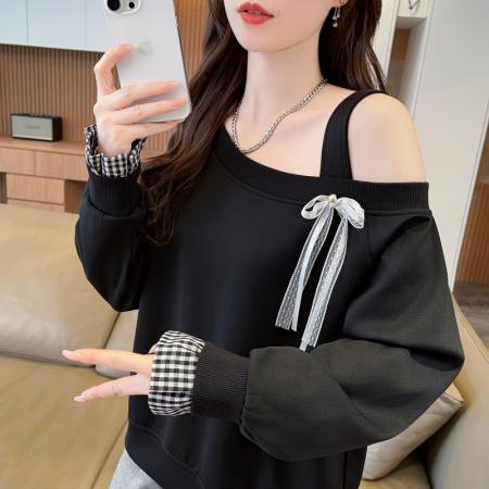 FA43830# 秋季新款韩版曼巴棉百搭露肩长袖卫衣女潮 服裝批發女裝批發服飾貨源