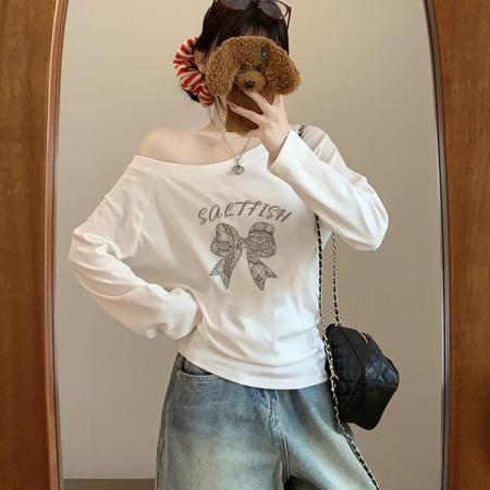 FA43831# 原版做法冰瓷棉纯棉拉架爽滑斜露肩长袖T恤女 服裝批發女裝批發服飾貨源